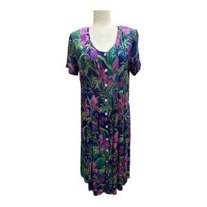 La Cera Vintage 90s Floral Long MIDI Dress Size Medium Sundress Rayon Tie Back